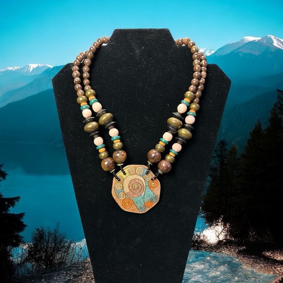Unique Maximalism Chunky Artisan Beaded Necklace with Swirl Pendant Boho Tribal - Picture 9 of 9